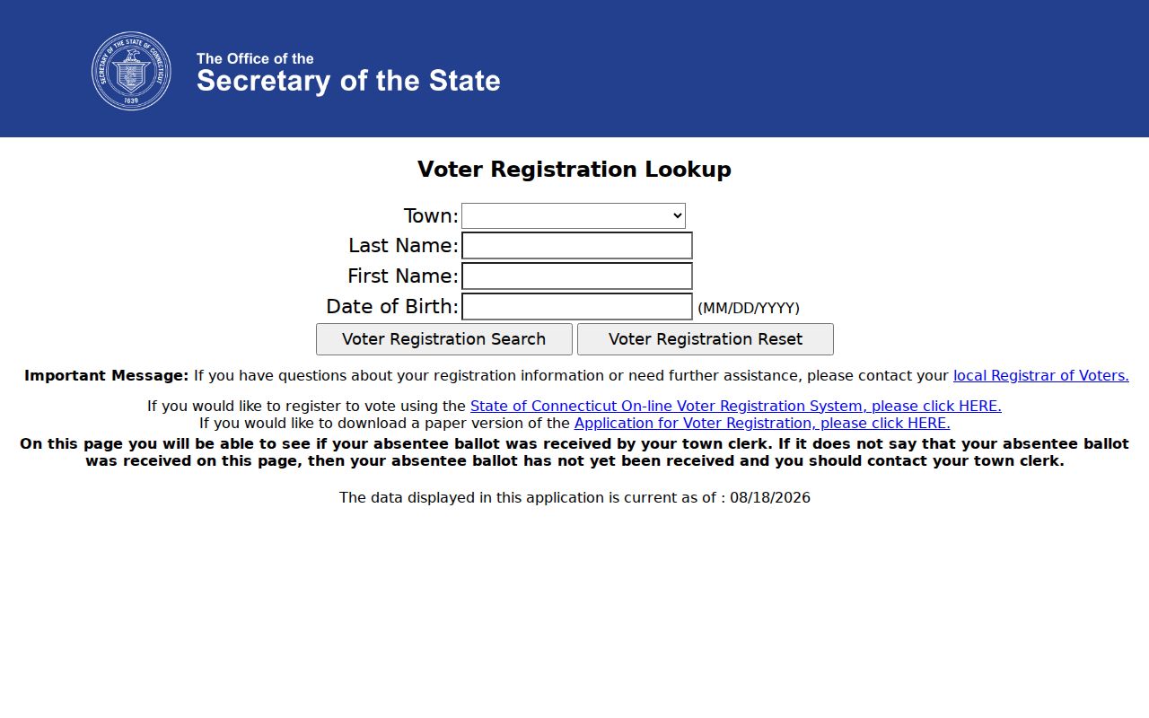 Connecticut official voter lookup response used for Westport research
