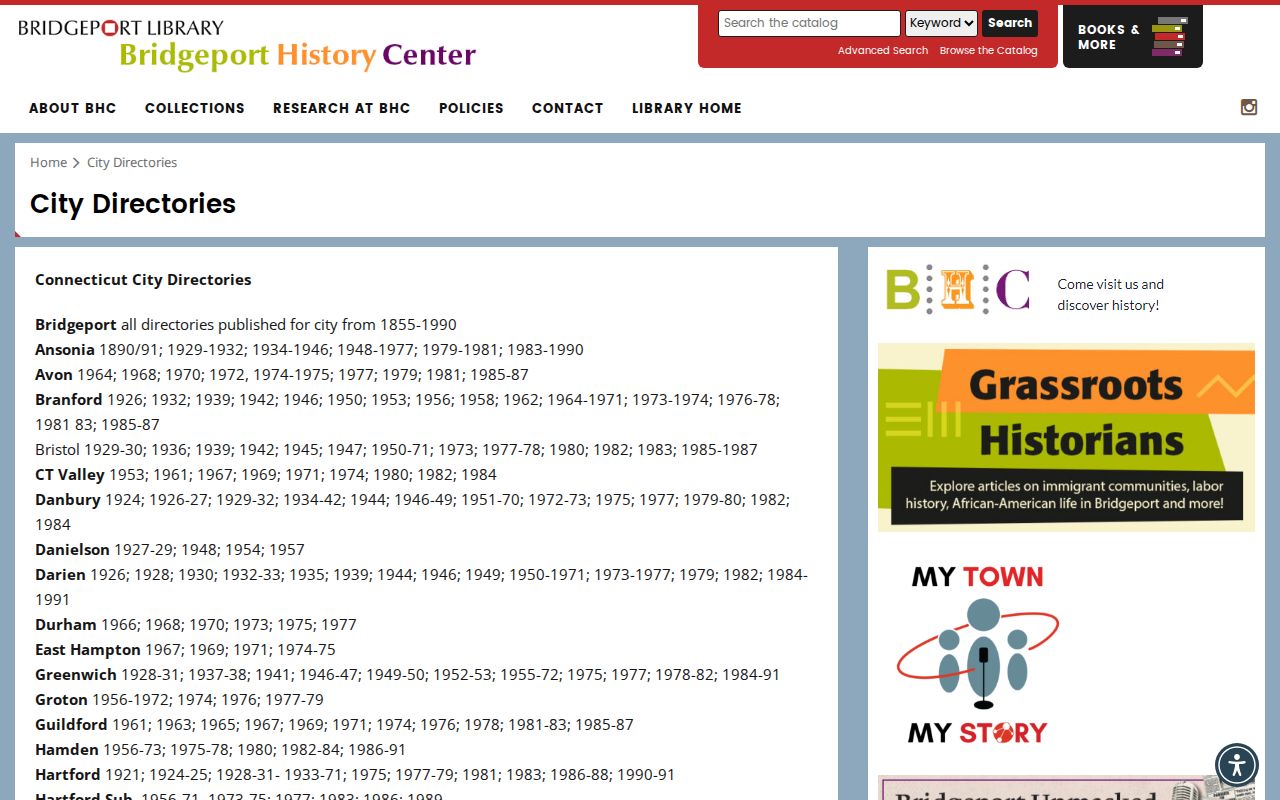 Bridgeport Public Library list of Westport city directory years